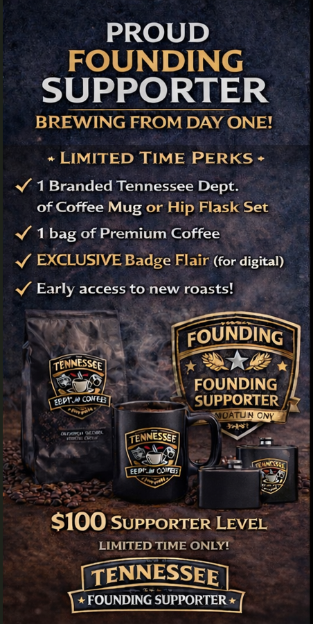 Promotional graphic for Tennessee Coffee Company's Founding Supporter program with coffee mug, bag, and badge flair.