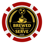 Circular logo with a coffee cup, stars, and 'Brewed to Serve 2026' text on a black background with red and white border.