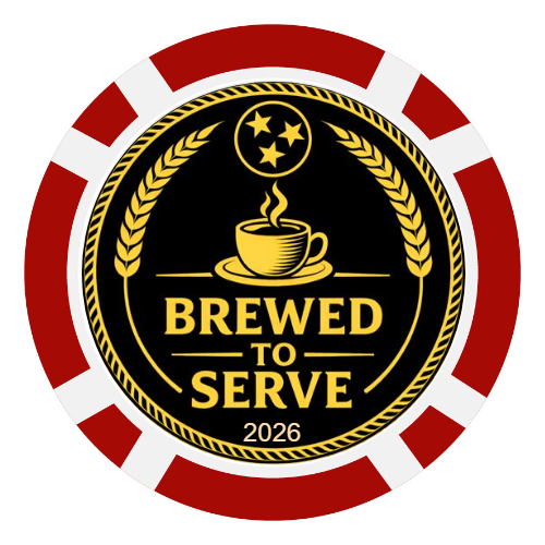 Circular logo with a coffee cup, stars, and 'Brewed to Serve 2026' text on a black background with red and white border.