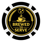 Circular logo with a coffee cup and 'Brewed to Serve' text on a black background