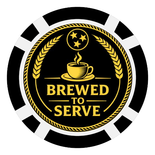 Circular logo with a coffee cup and 'Brewed to Serve' text on a black background