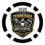 Poker chip with 'Tennessee Dept. of Coffee' logo featuring a coffee cup and police badge design.
