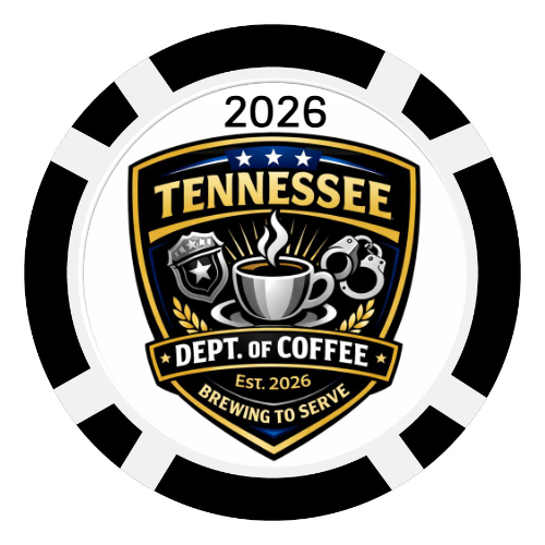Poker chip with 'Tennessee Dept. of Coffee' logo featuring a coffee cup and police badge design.
