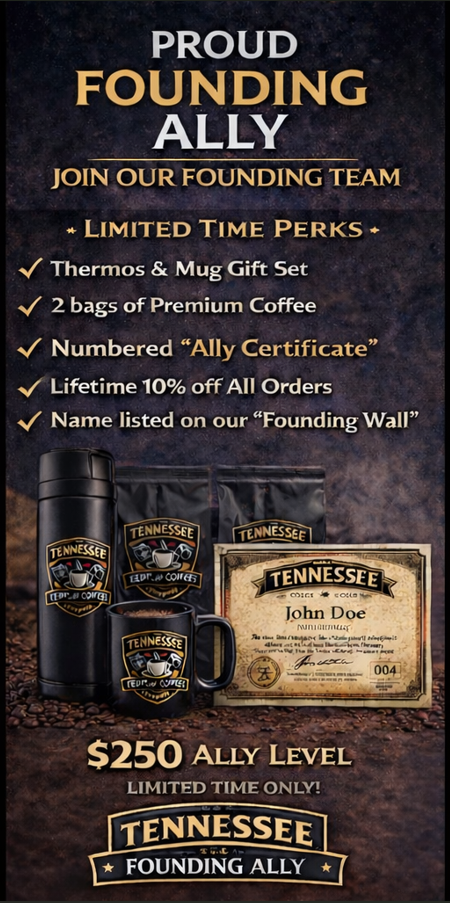 Promotional poster for Tennessee's Founding Ally program with benefits listed.