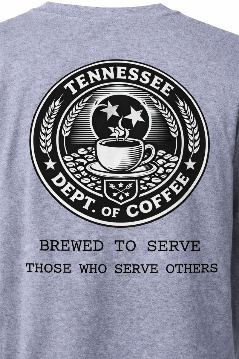 Gray t-shirt with a black and white graphic and text on the back