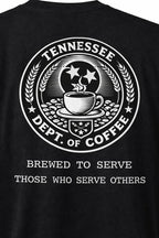 Black t-shirt with white graphic and text on the back