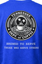 Blue t-shirt with black and white graphic and text on a blue background