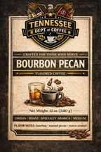 Tennessee Dept. of Coffee Bourbon Pecan flavored coffee package on a dark background