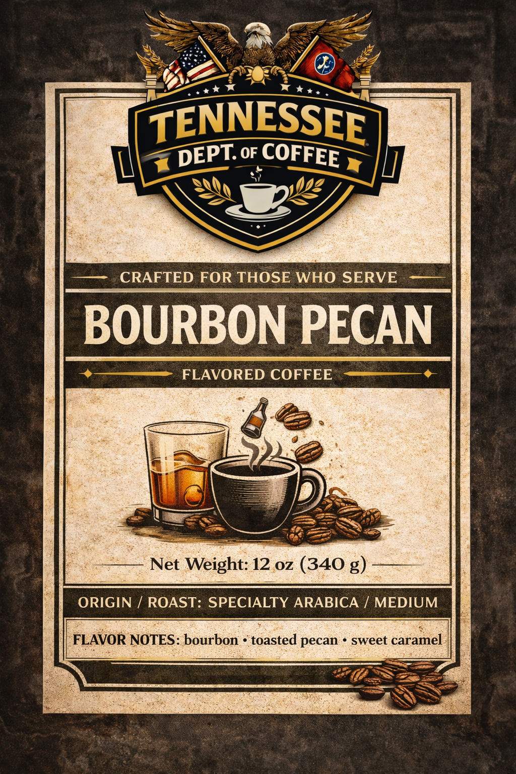 Tennessee Dept. of Coffee Bourbon Pecan flavored coffee package on a dark background