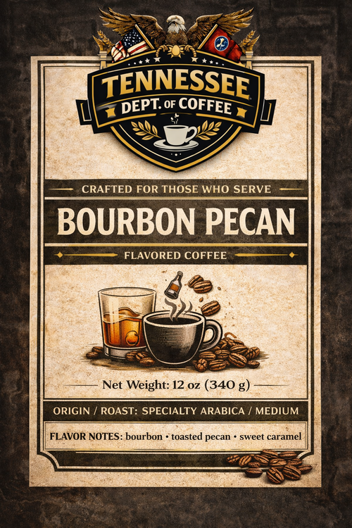 Tennessee Dept. of Coffee Bourbon Pecan flavored coffee package on a dark background