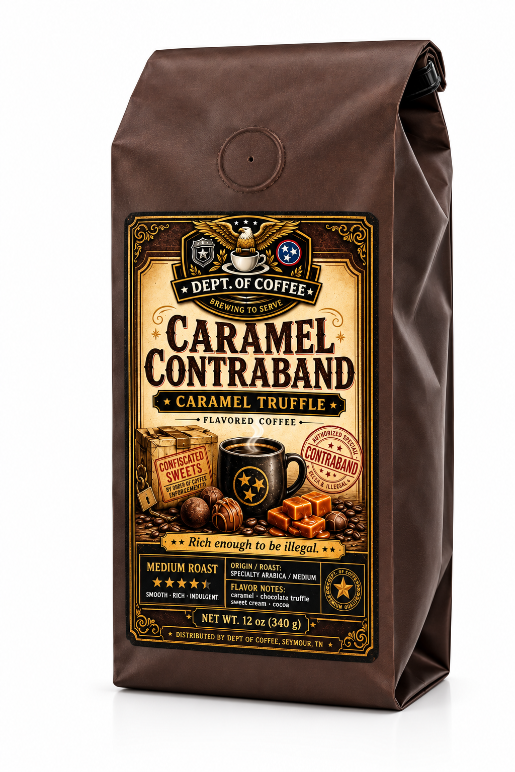 A 12 oz bag of Dept. of Coffee Caramel Contraband Caramel Truffle flavored coffee, shown on a solid black background.