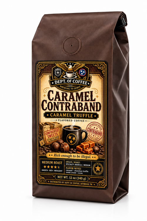 A 12 oz bag of Dept. of Coffee Caramel Contraband Caramel Truffle flavored coffee, shown on a solid black background.