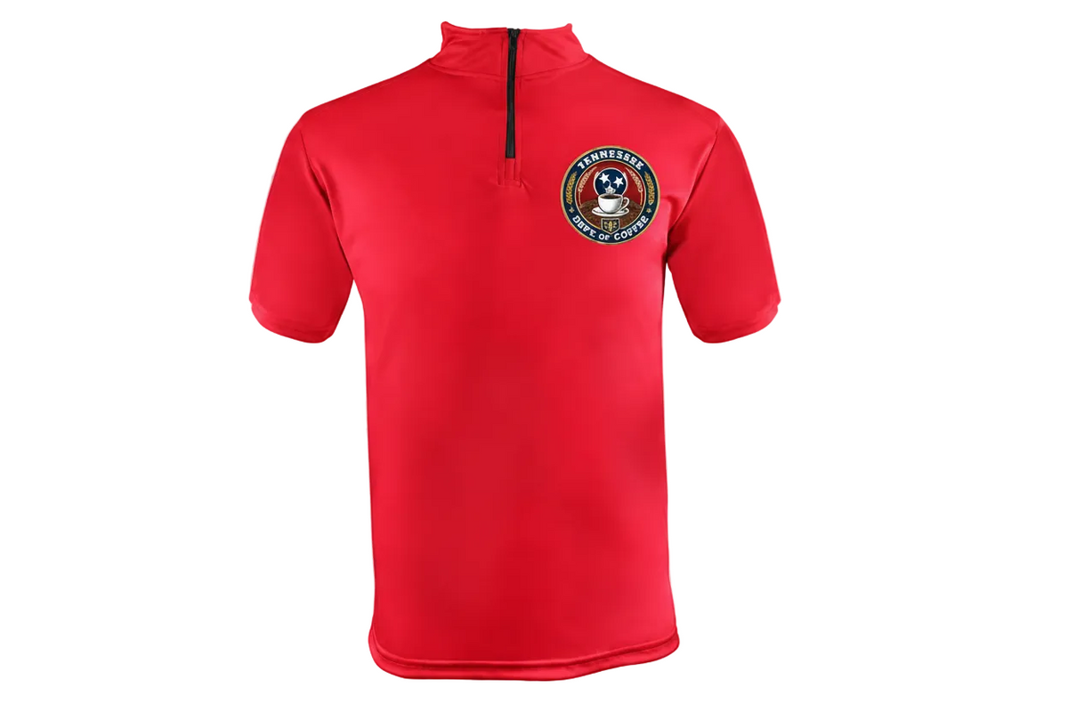 A red short-sleeve quarter-zip athletic shirt with a circular 'Tennessee Army ROTC' emblem on the left chest, displayed on a light gray background.