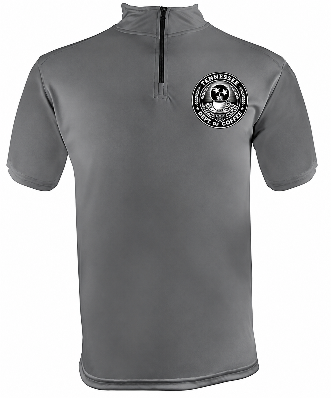 A gray short-sleeve quarter-zip performance shirt with a circular black and white 'Farneseer Army Gear' logo on the left chest, displayed on a clean white background.