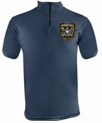 A navy blue short-sleeve quarter-zip performance shirt with a black zipper and a black, gold, and white Tennessee Coffee Club shield logo on the left chest, shown on a plain white background.