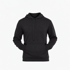 A black pullover hoodie with a front kangaroo pocket and matching black drawstrings, shown on a clean white background.
