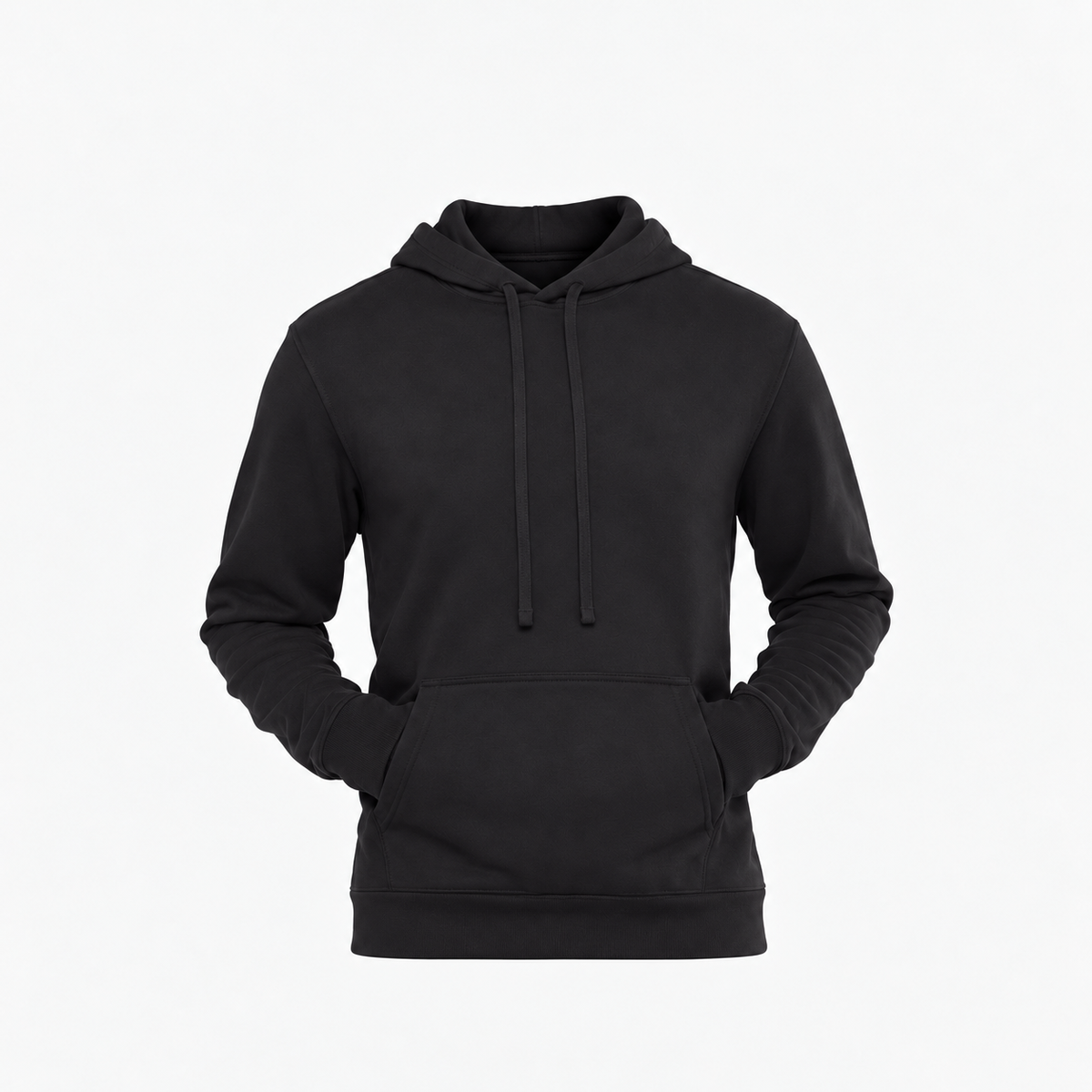 A black pullover hoodie with a front kangaroo pocket and matching black drawstrings, shown on a clean white background.