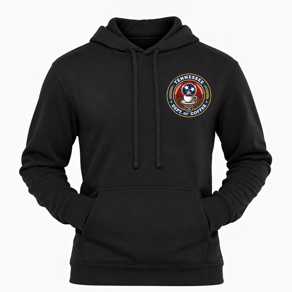A black pullover hoodie with a drawstring hood and kangaroo pocket, featuring a circular 'Tennessee Department of Corrections' emblem printed on the left chest, shown against a plain white background.