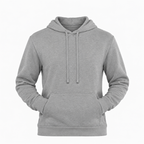 A classic heather gray pullover hoodie with a front kangaroo pocket and matching drawstrings, shown on a plain white background.