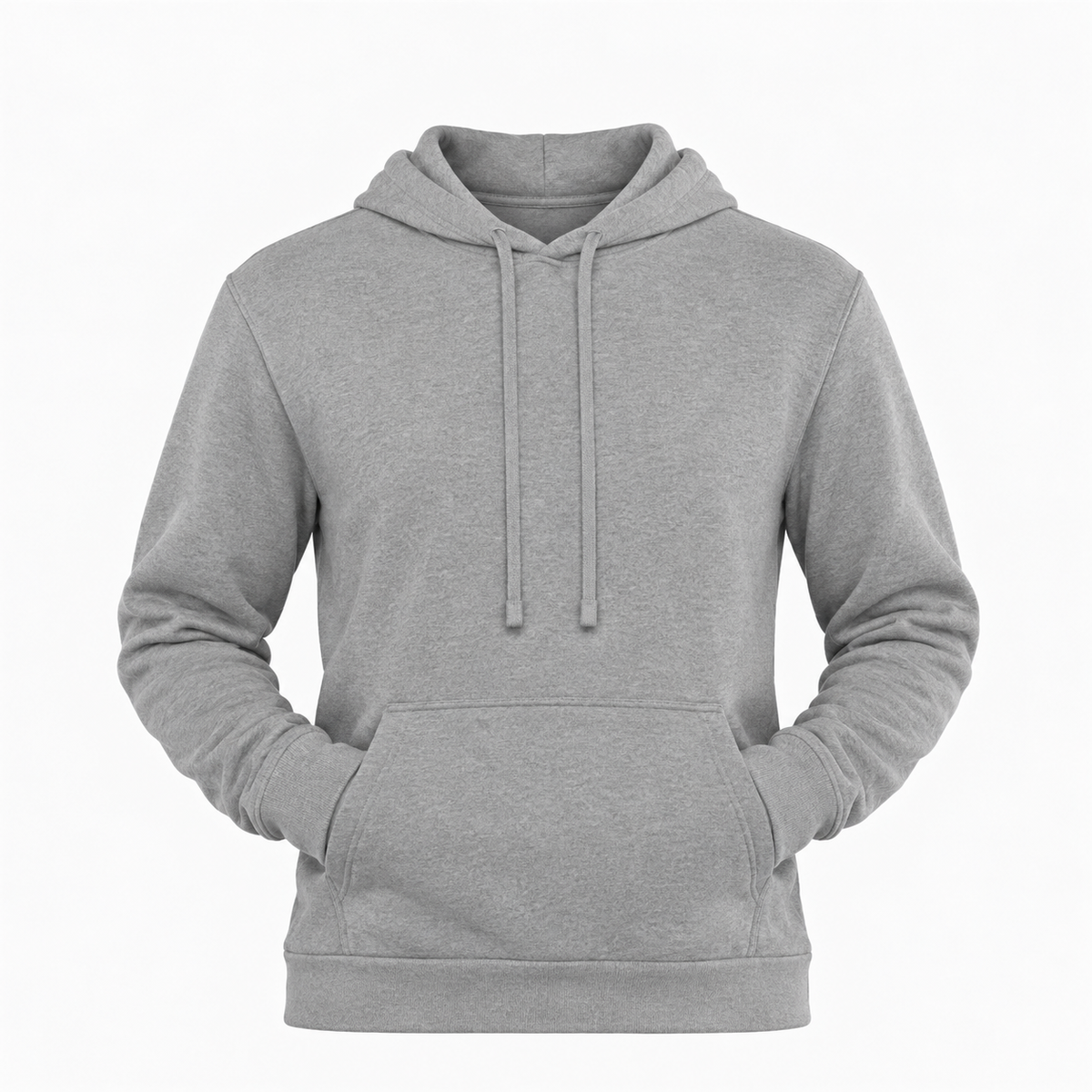A classic heather gray pullover hoodie with a front kangaroo pocket and matching drawstrings, shown on a plain white background.