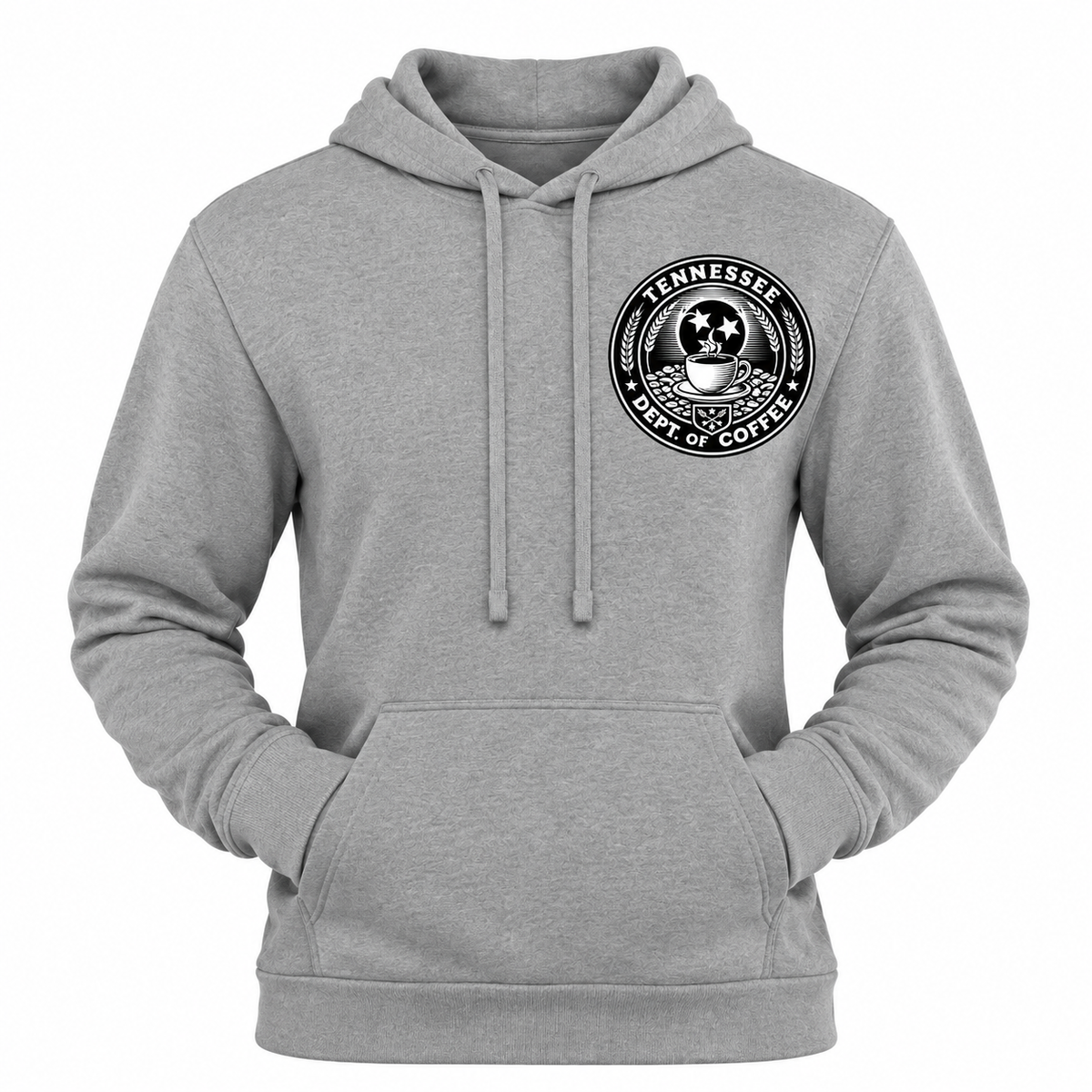 A heather gray pullover hoodie with a black circular graphic on the left chest reading 'Tennessee Dept of Coffee' around a coffee cup and stars, shown on a plain white background.