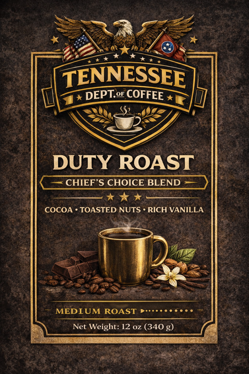 Tennessee Dept. of Coffee Duty Roast label with coffee cup and beans on a dark background