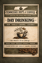 Vintage-style coffee package with text and graphics on a dark background
