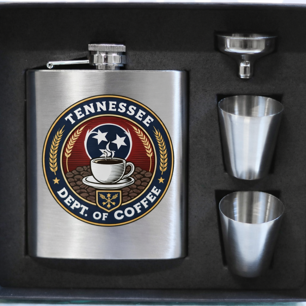 Stainless steel flask set with 'Tennessee Dept. of Coffee' design on a black background