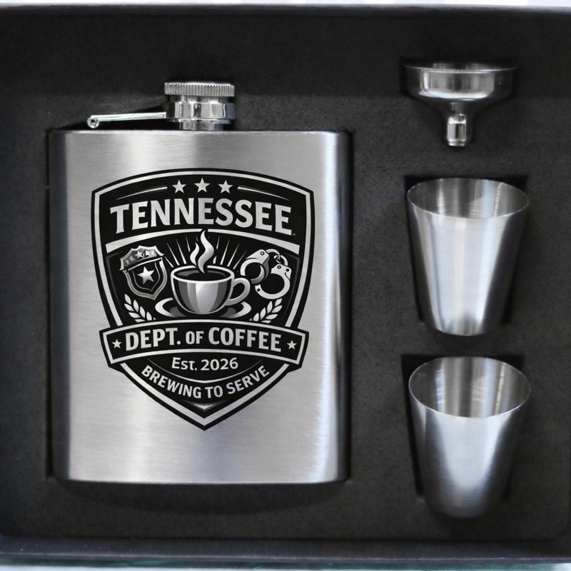Stainless steel flask with 'Tennessee Dept. of Coffee' design and two cups on a black background