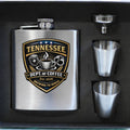 Stainless steel flask set with 'Tennessee Dept. of Coffee' logo on a black background