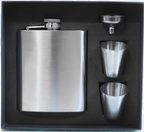 Stainless steel flask set with cups and funnel in a black box