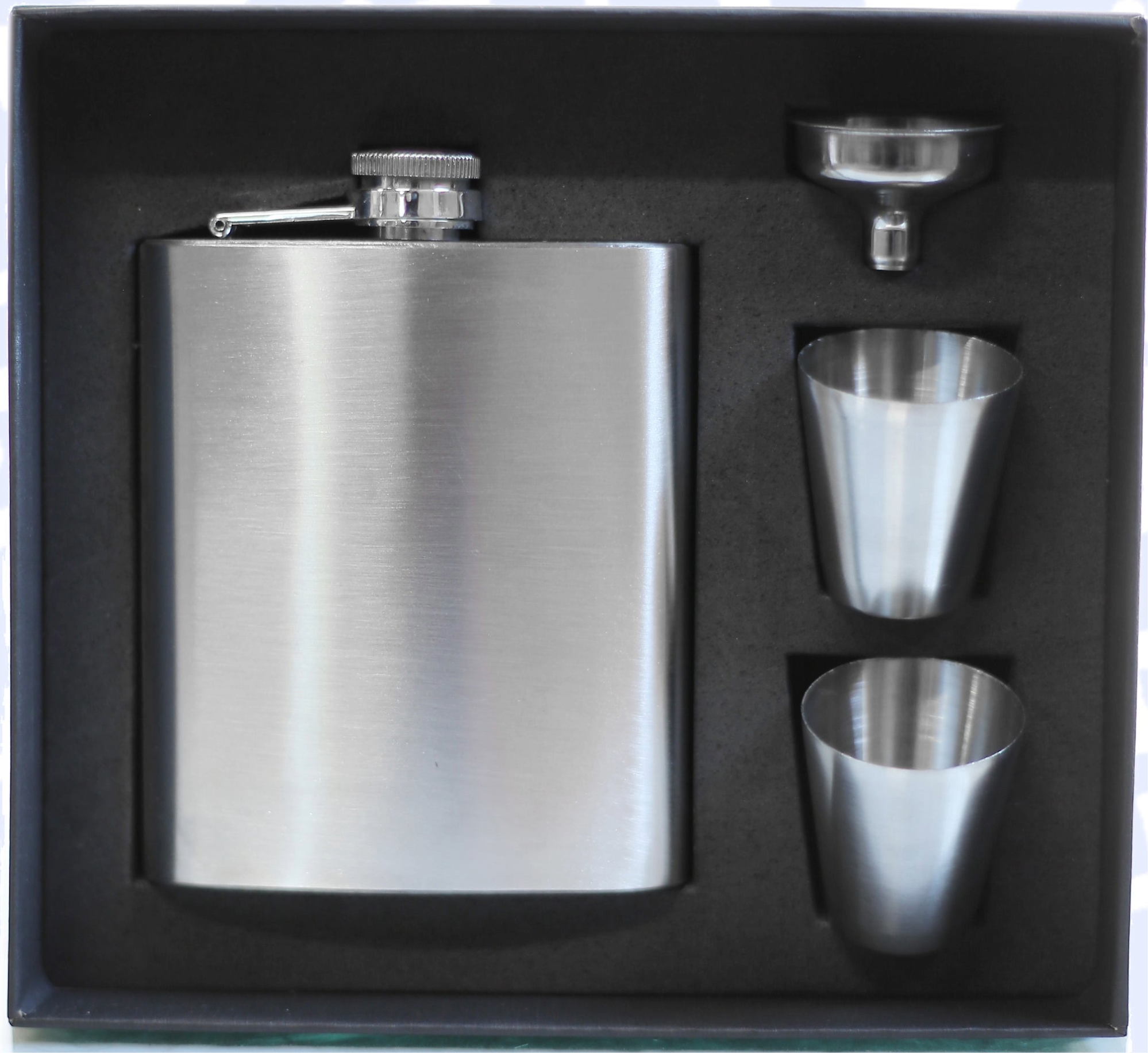Stainless steel flask set with cups and funnel in a black box