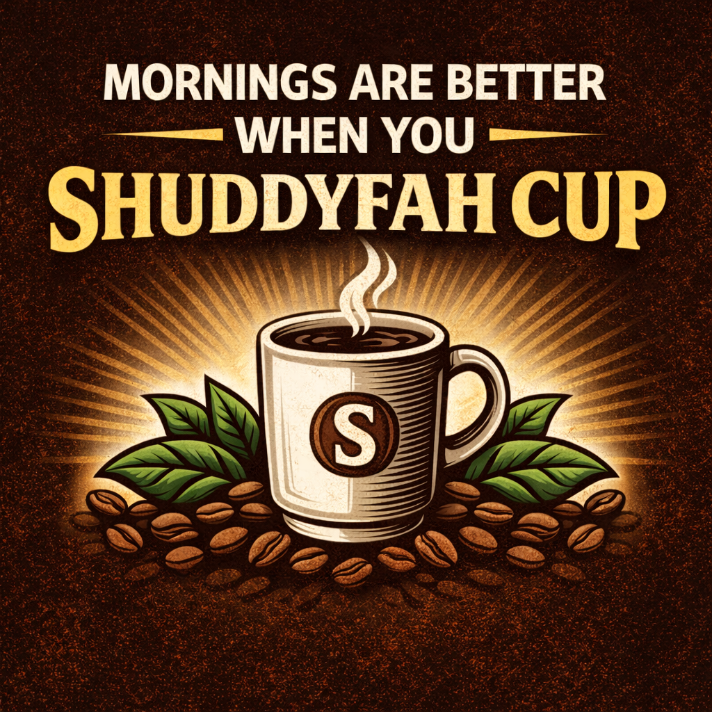Coffee cup with steam, coffee beans, and leaves on a brown background with text 'Mornings are better when you Shuddyfah Cup'.
