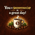Coffee cup with SHUDHYFAH branding and text on a brown background