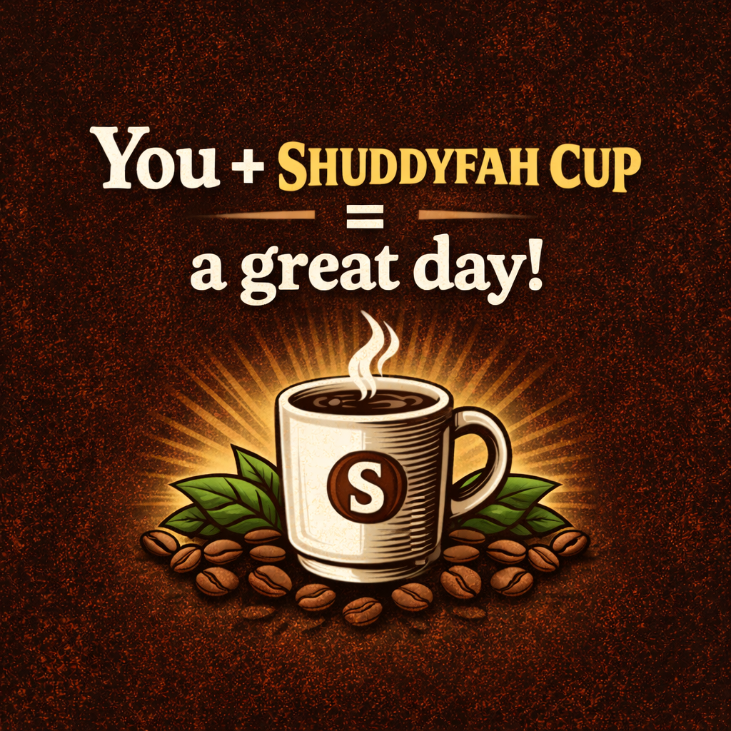 Coffee cup with SHUDHYFAH branding and text on a brown background