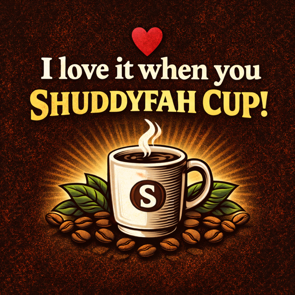 Coffee cup with beans and text on a brown background