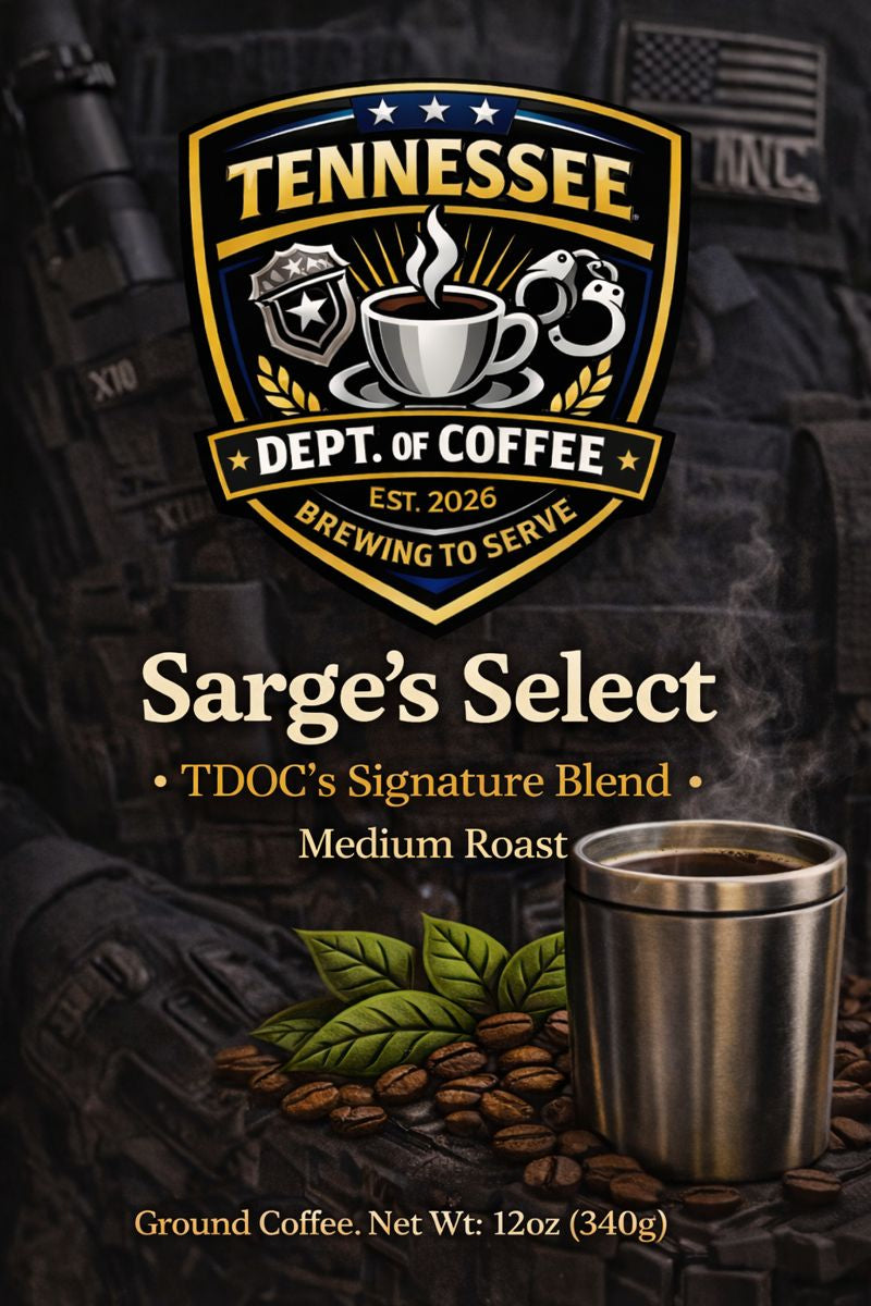 Tennessee Department of Coffee packaging with a coffee cup and coffee beans on a dark background.