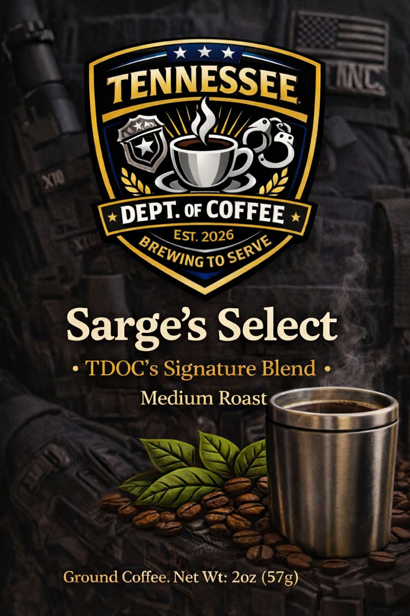 Tennessee Dept. of Coffee Sarge's Select Medium Roast ground coffee packaging graphic, featuring a coffee cup, coffee beans, green coffee leaves, and a stainless steel mug on a dark tactical-themed background.
