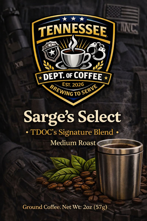 Tennessee Dept. of Coffee Sarge's Select Medium Roast ground coffee packaging graphic, featuring a coffee cup, coffee beans, green coffee leaves, and a stainless steel mug on a dark tactical-themed background.