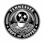 A black and white circular graphic seal reading “TENNESSEE DEPT. OF COFFEE,” featuring a coffee cup on a saucer, coffee beans, wheat ears, stars, and a crest on a white background.
