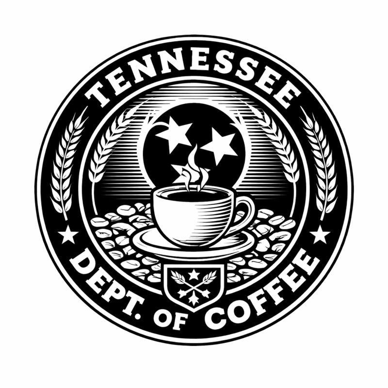 A black and white circular graphic seal reading “TENNESSEE DEPT. OF COFFEE,” featuring a coffee cup on a saucer, coffee beans, wheat ears, stars, and a crest on a white background.