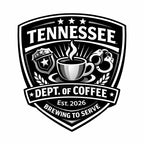Black and white logo of the Tennessee Dept. of Coffee with a coffee cup and stars.