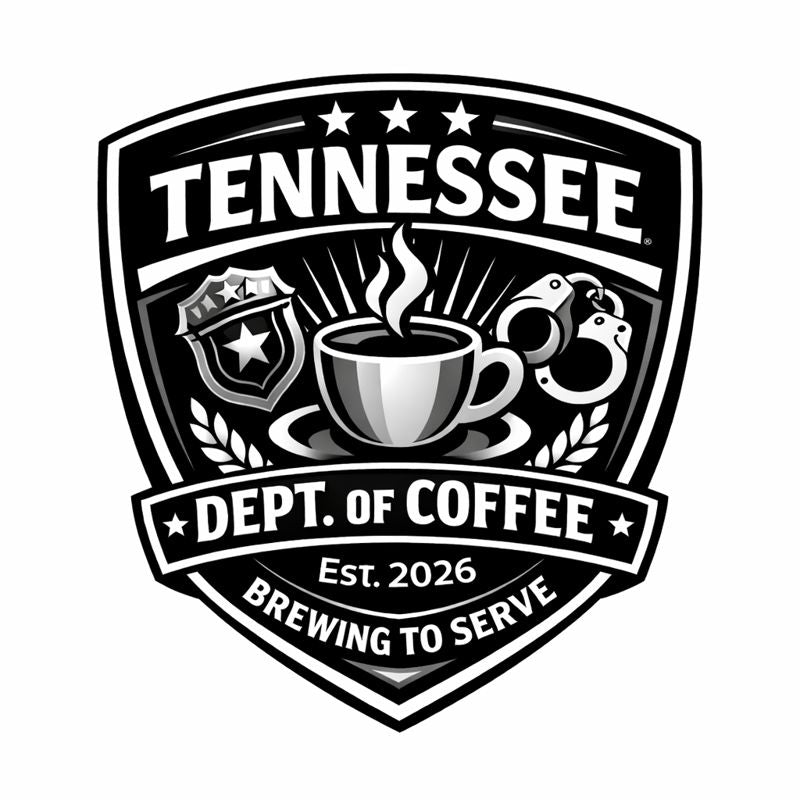 Black and white logo of the Tennessee Dept. of Coffee with a coffee cup and stars.