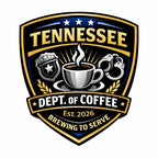 Logo for the 'Tennessee Dept. of Coffee' with a coffee cup, police badge, and handcuffs on a white background.