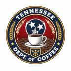 Logo of the Tennessee Dept. of Coffee with a coffee cup and beans design.
