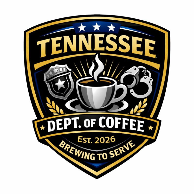 Logo for the 'Tennessee Dept. of Coffee' with a coffee cup, police badge, and handcuffs on a white background.
