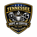 Logo for the 'Tennessee Dept. of Coffee' with a coffee cup, police badge, and handcuffs on a white background.