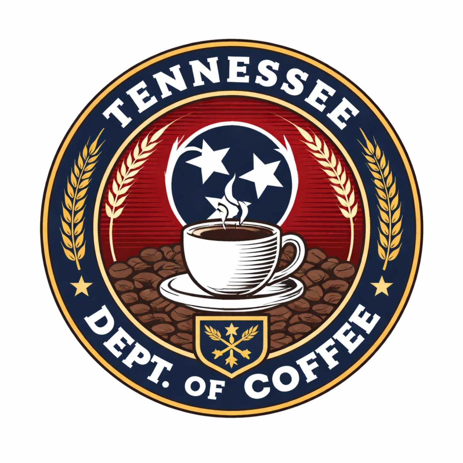 Logo of the Tennessee Dept. of Coffee with a coffee cup and beans design.