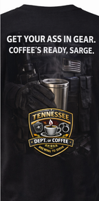 Black t-shirt with text and coffee cup graphic, featuring 'Tennessee Dept. of Coffee' logo.