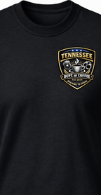 Black t-shirt with a 'Tennessee Dept of Coffee' logo on a plain background